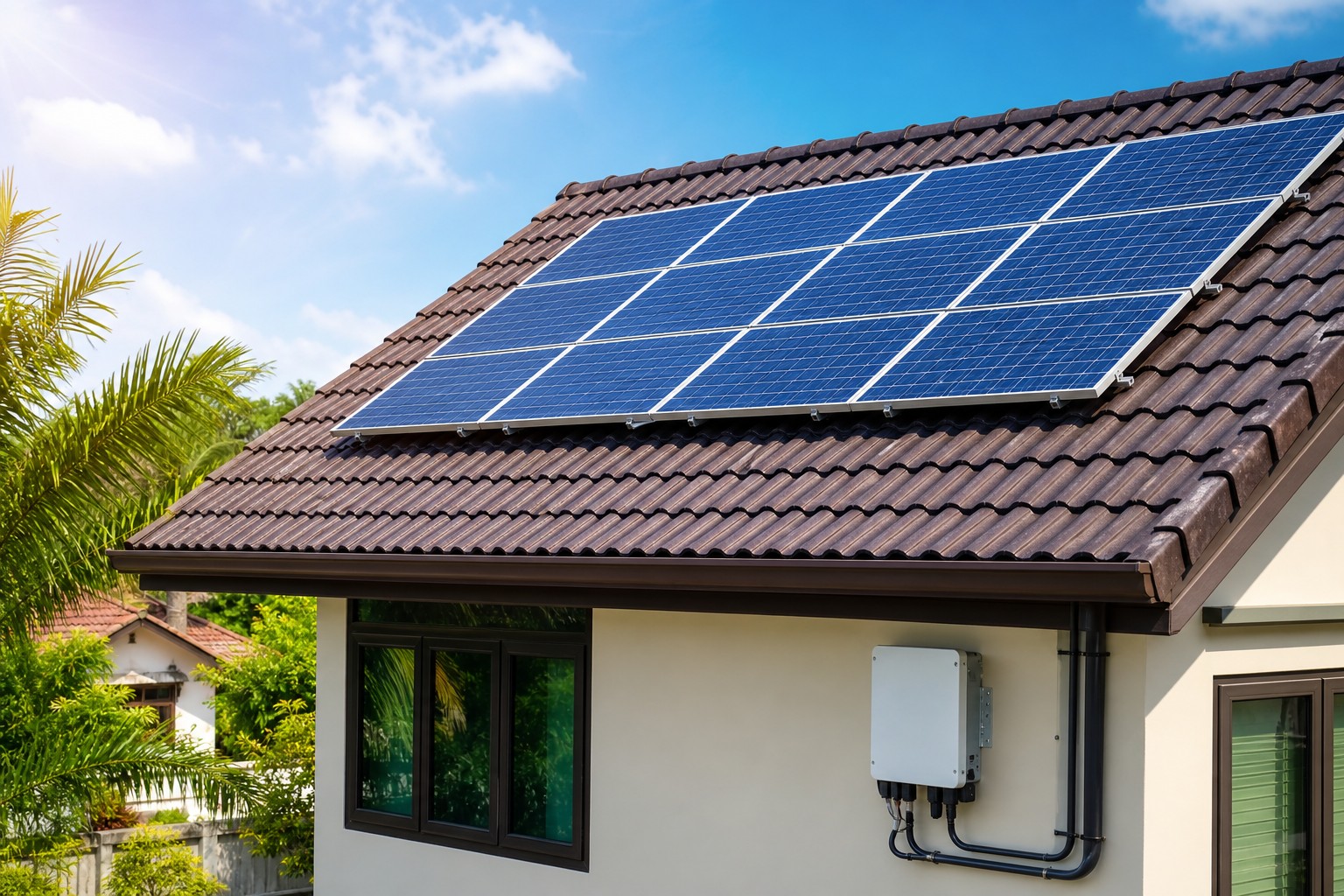 Solar equipment on a Malaysian home, panels and inverter