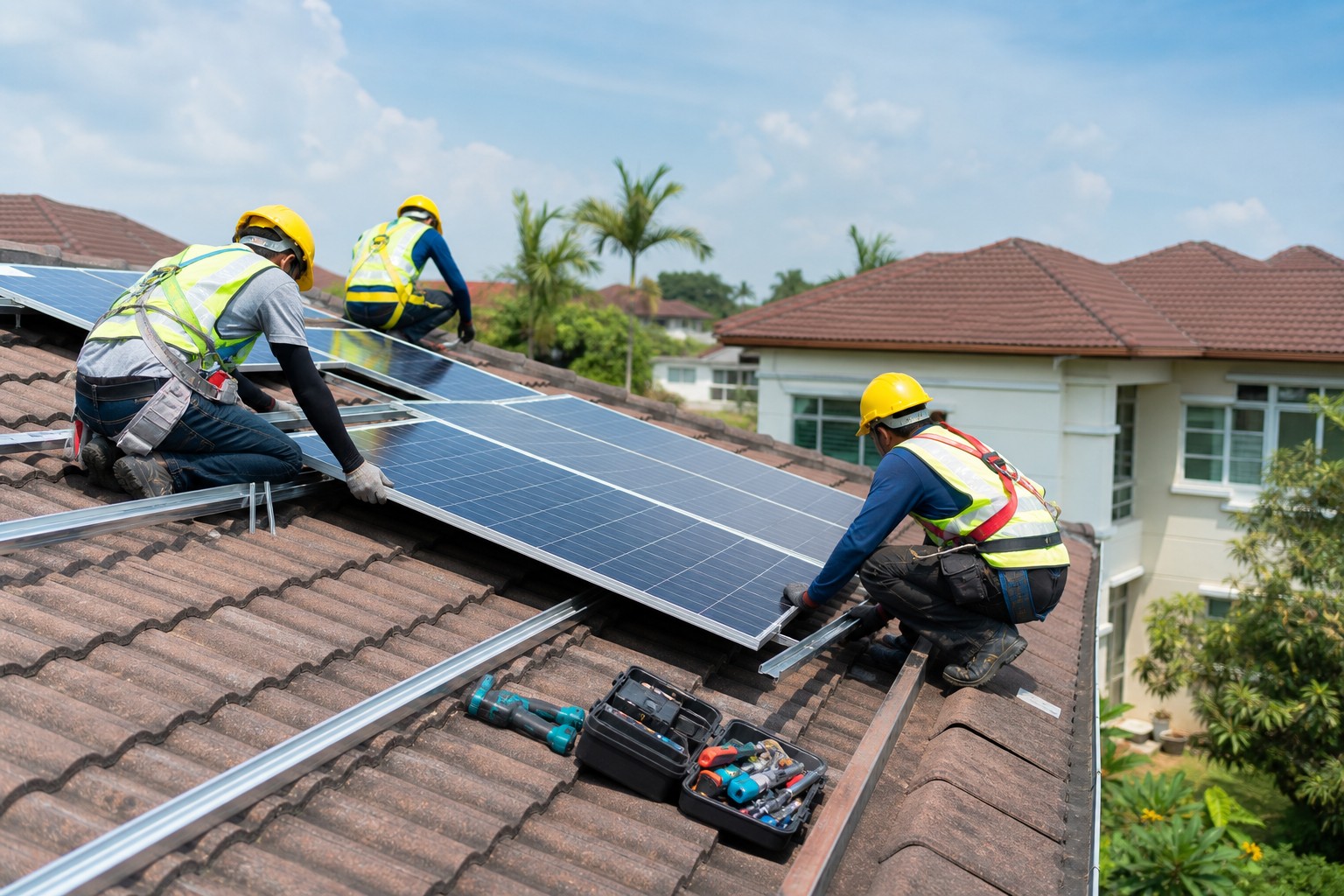 Installers fitting a rooftop solar system on a Malaysian home